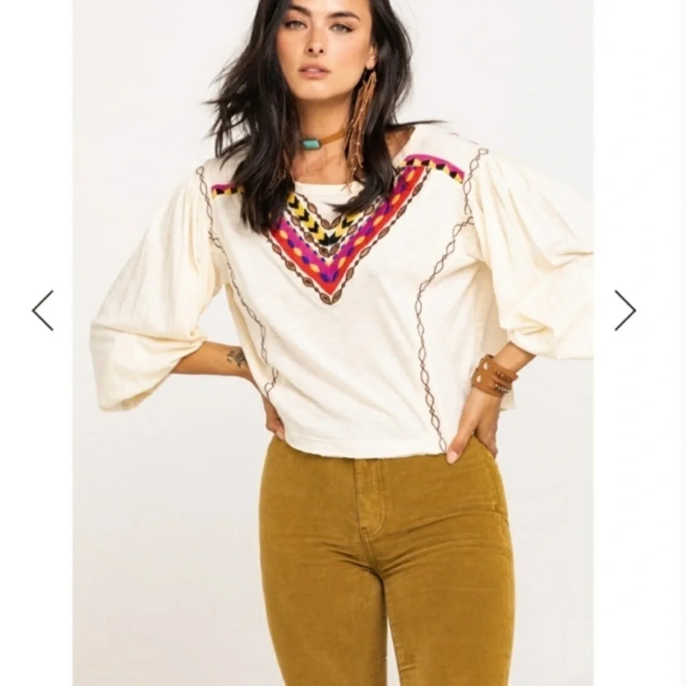 Free People Boho Embroidered Long Sleeve Hand Me Down Top